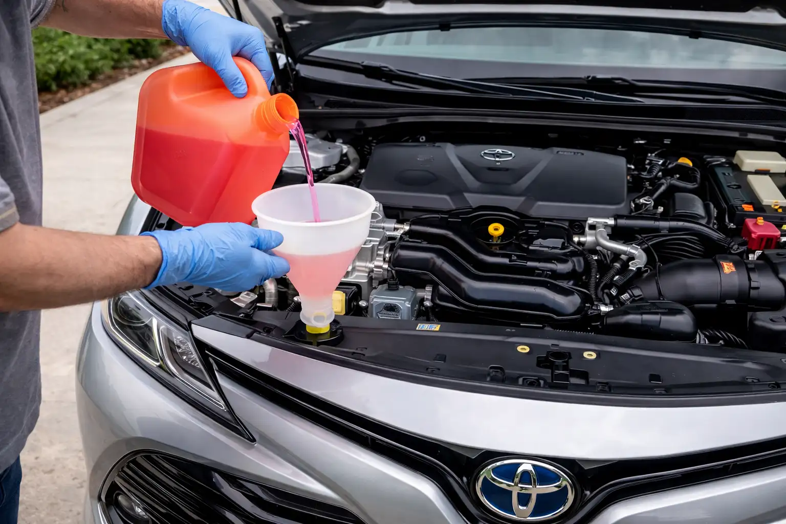 Toyota Camry coolant change with hood open using pink Toyota coolant