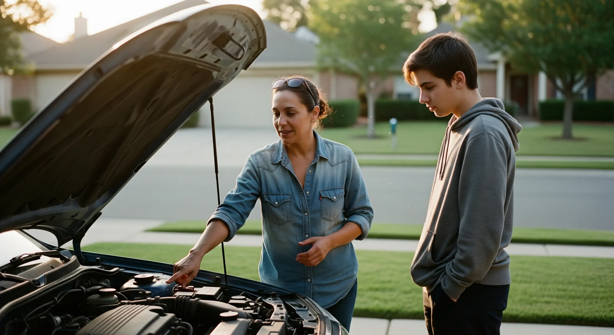 Parent showing teenager how to check car oil level